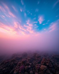 A dramatic low-angle perspective captures a colorful sky over a coral reef at low tide. The scene is shrouded in a thick fog,