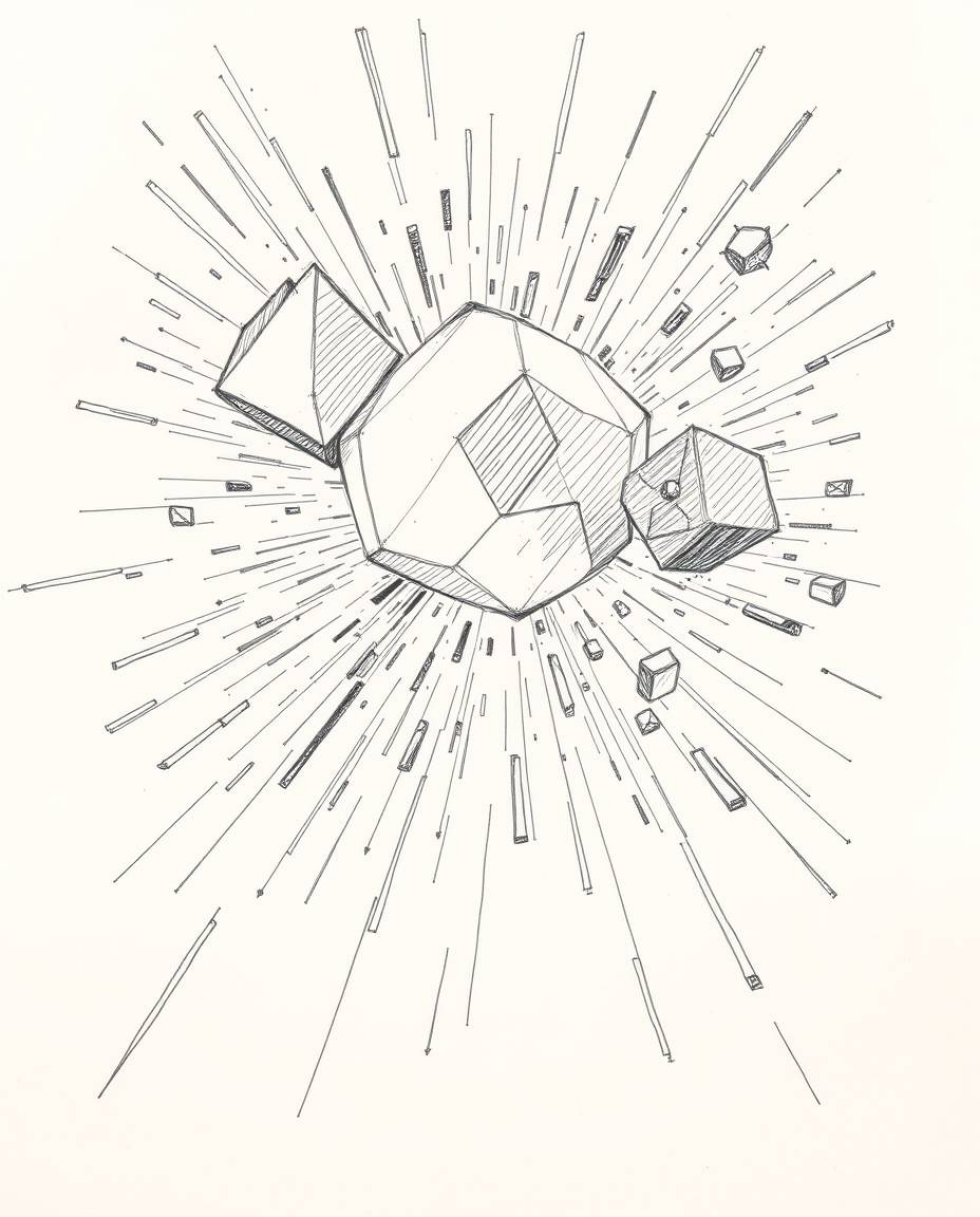 This hand-drawn sketch bursts with dynamic motion, featuring glitched geometric shapes floating in cyberspace for a matrix vi