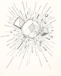 This hand-drawn sketch bursts with dynamic motion, featuring glitched geometric shapes floating in cyberspace for a matrix vi