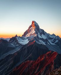 This stunning photograph captures a high-alpine peak sunset with the precision of architectural lines and detailed structures