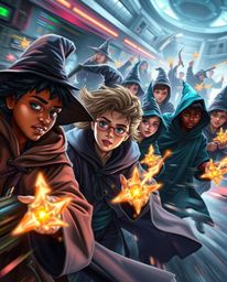Discover a vibrant, futuristic magical school brimming with young wizards in dynamic action poses. Experience a captivating