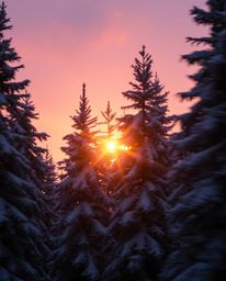 A long exposure photograph gracefully and elegantly captures the mesmerizing effect of sunset light sparkling on snowy pine t