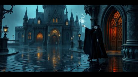 A classic Disney villain, cloaked in dark attire, casts a spell within a gothic castle during a torrential downpour. The rai