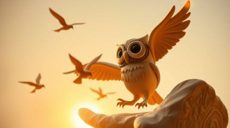 Immerse yourself in the captivating world of a blind owl, sculpted in clay with Pixar-inspired charm, bathed in the warm glow