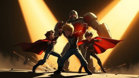 A dynamic scene depicts a trio of superpowered kids engaged in a fierce battle against a formidable robot. The image is rende