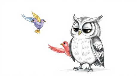 A Pixar-esque, hand-drawn sketch depicts a serene, blind owl with scruffy feathers patiently teaching colorful birds how to f