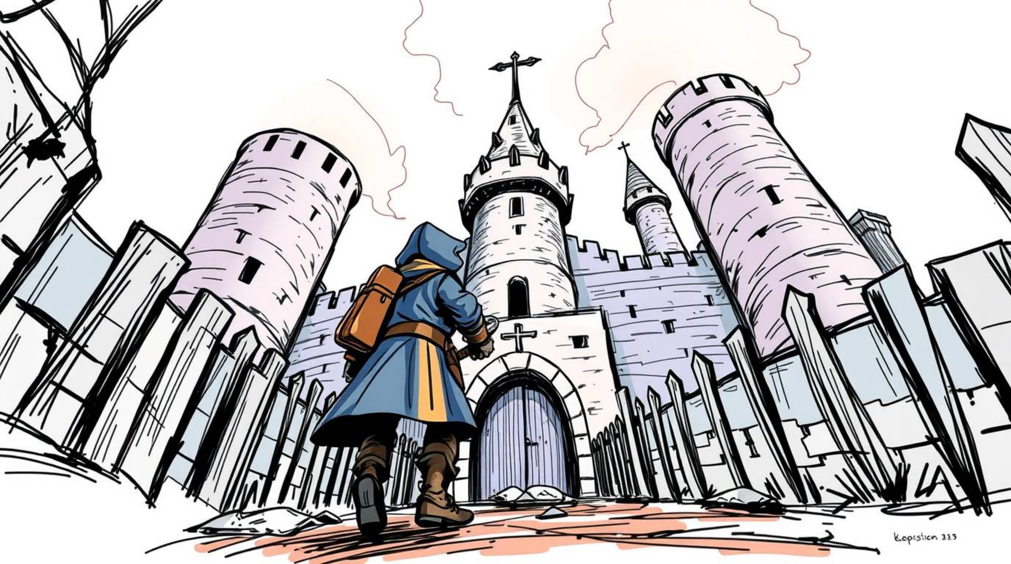 A captivating hand-drawn sketch in a vibrant sketchnote style portrays a thief stealthily infiltrating a heavily guarded cast