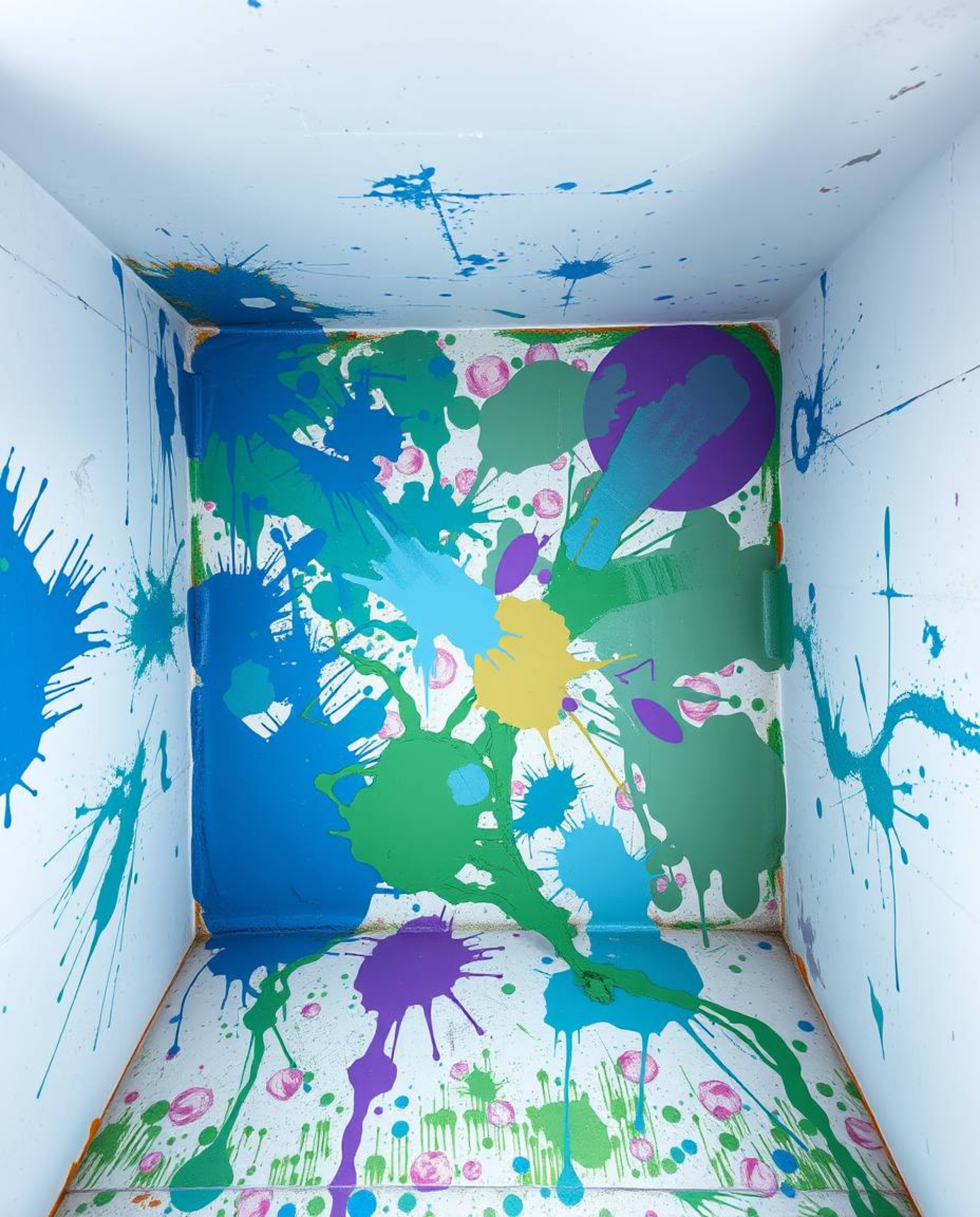 This artwork captures a bird's-eye perspective of a room in a dynamic explosion of paint. The cool color palette, dominated b