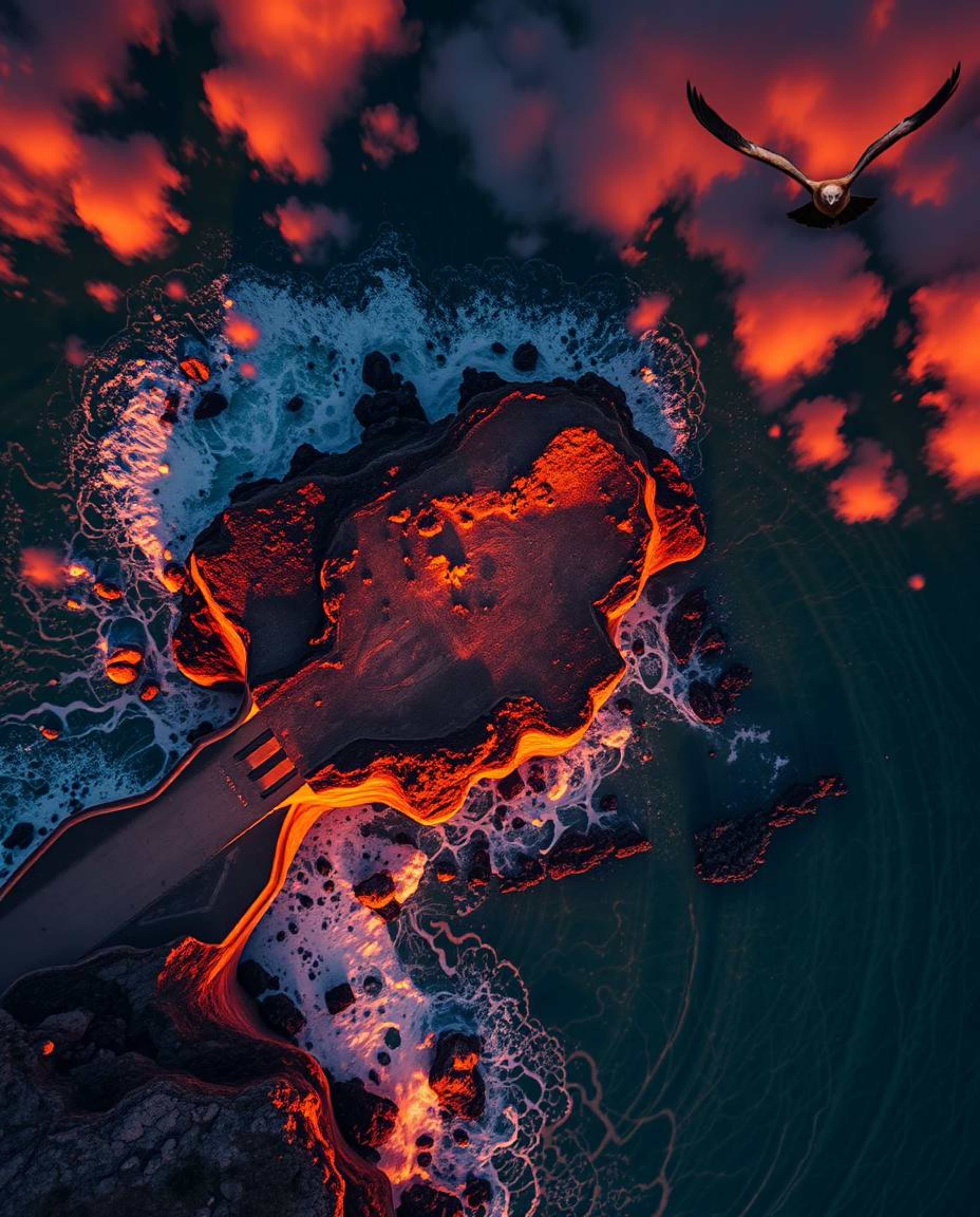 This is an overhead bird's eye view capturing a coastal cliff and soaring birds, all illuminated by vibrant sunset hues. The