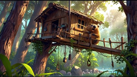 A heartwarming, high-resolution stock photo captures a scene blending Pixar and anime styles, where a beaver builds the perfe