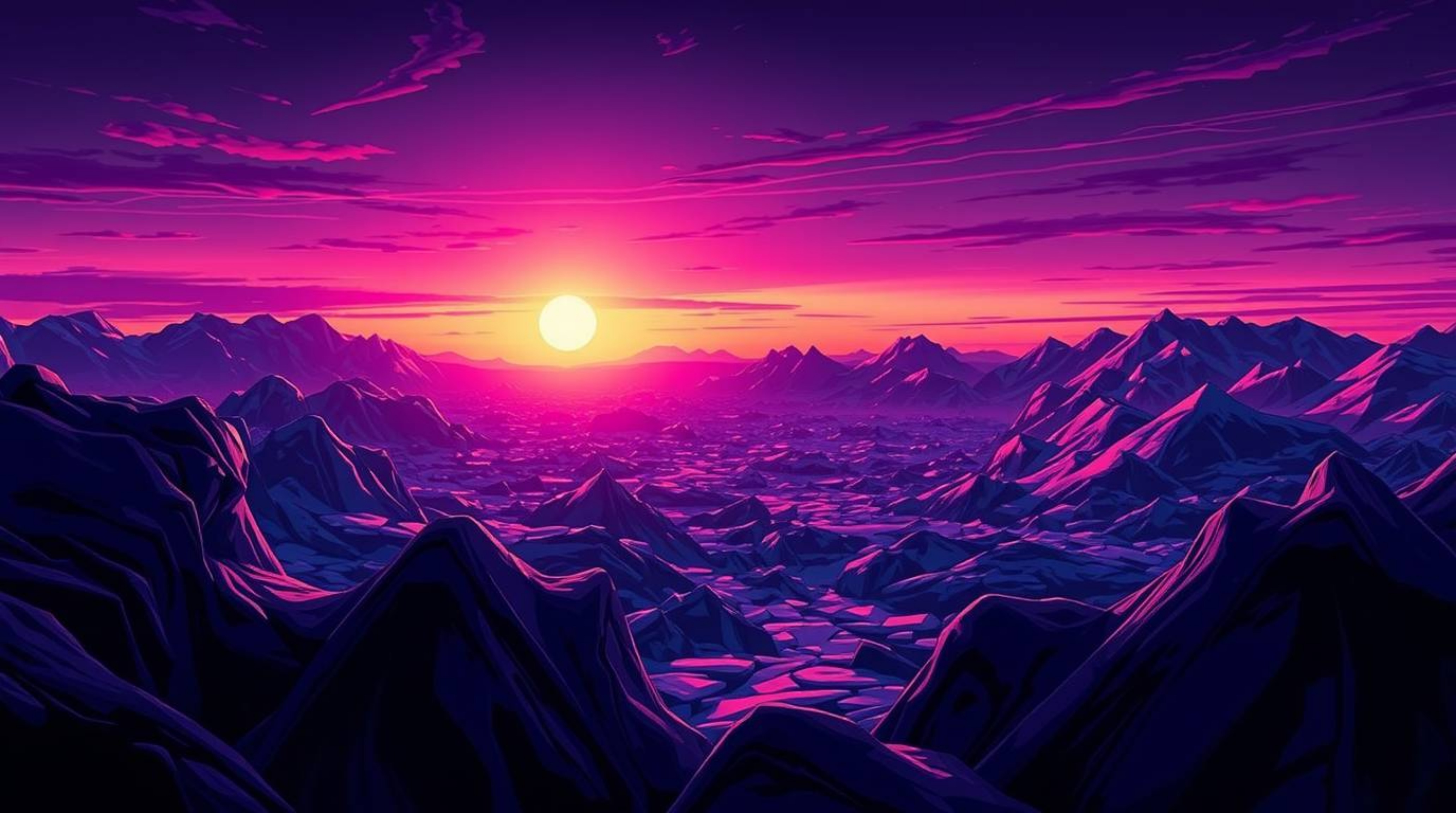 An illustration depicting a sunset over icy glaciers in the polar region, rendered in deep ultraviolet hues. The artwork feat