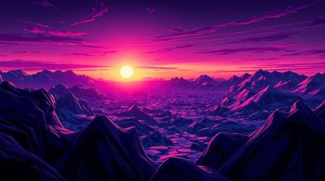 An illustration depicting a sunset over icy glaciers in the polar region, rendered in deep ultraviolet hues. The artwork feat