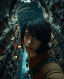 Explore the mystery of a hidden underground library from a unique high-angle perspective. A person with dark hair and a curio