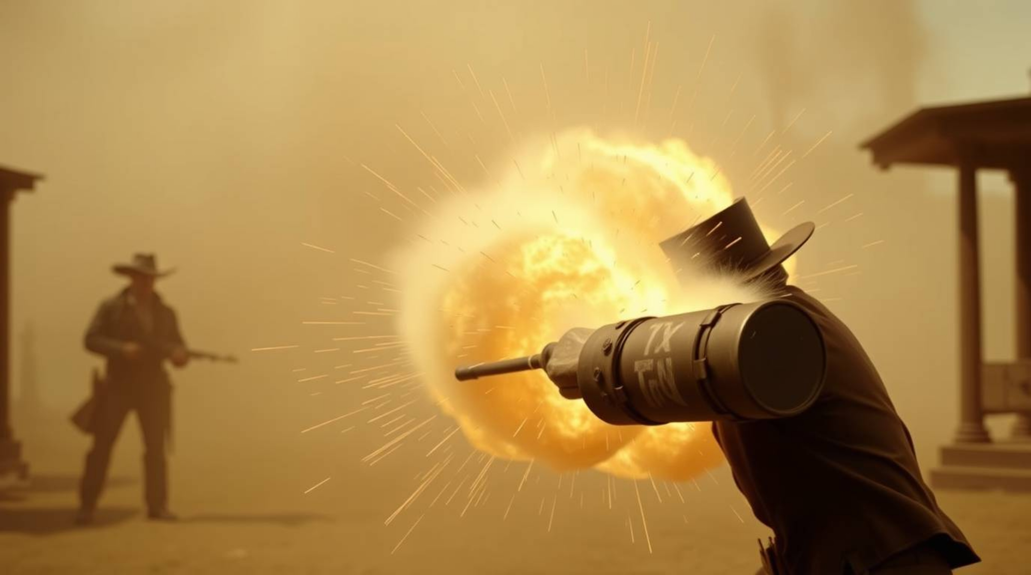 A classic exploding TNT gag in the Wild West, rendered in soft cinematic haze with a soft focus and hazy background, evokes a