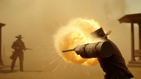 A classic exploding TNT gag in the Wild West, rendered in soft cinematic haze with a soft focus and hazy background, evokes a