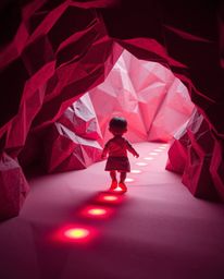 A surreal and captivating image featuring a child, meticulously crafted in an origami style, venturing into a cave guided by 