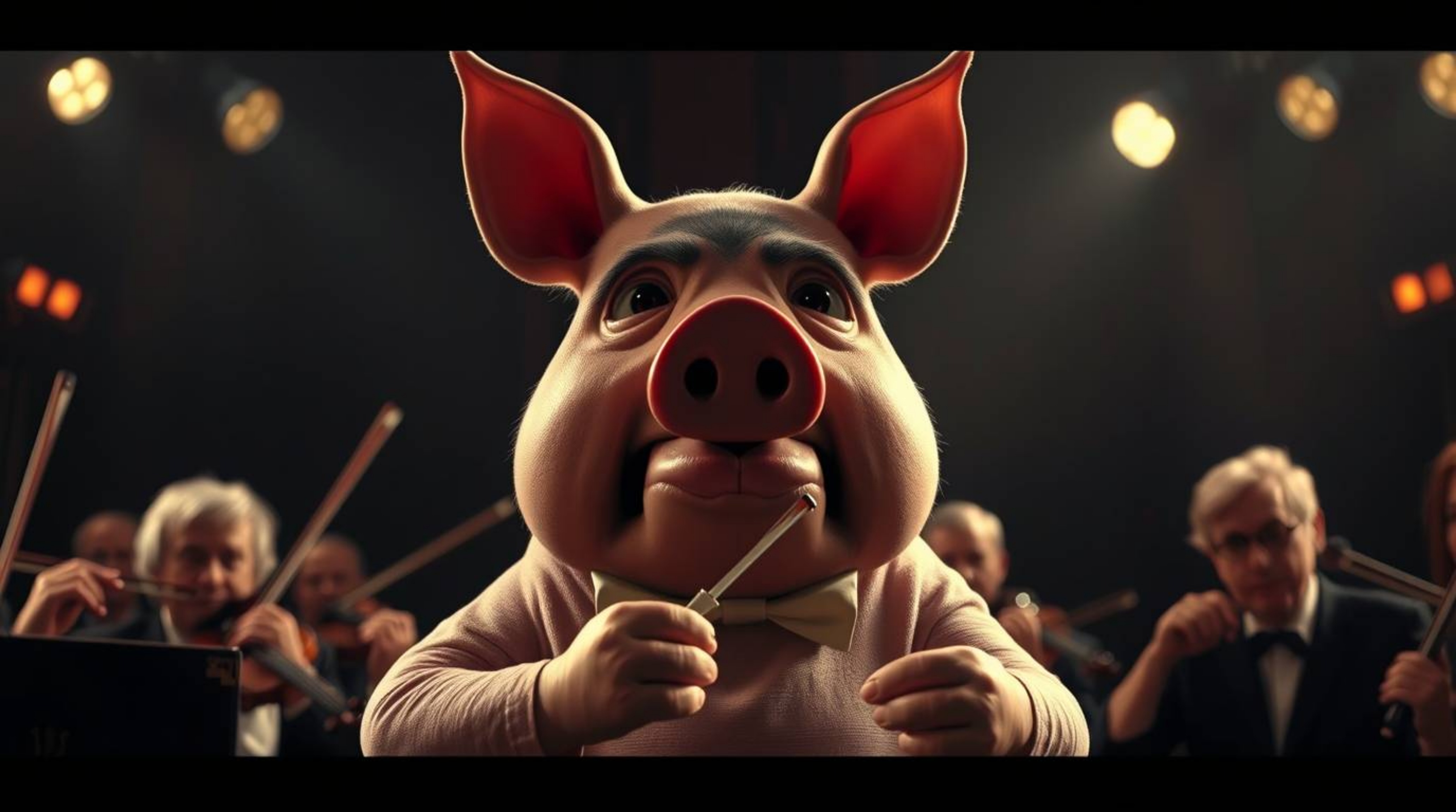 A captivating image showcasing a pig character dramatically conducting an orchestra.  The cinematic style features high contr