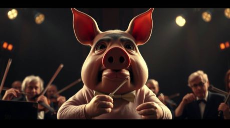 A captivating image showcasing a pig character dramatically conducting an orchestra.  The cinematic style features high contr
