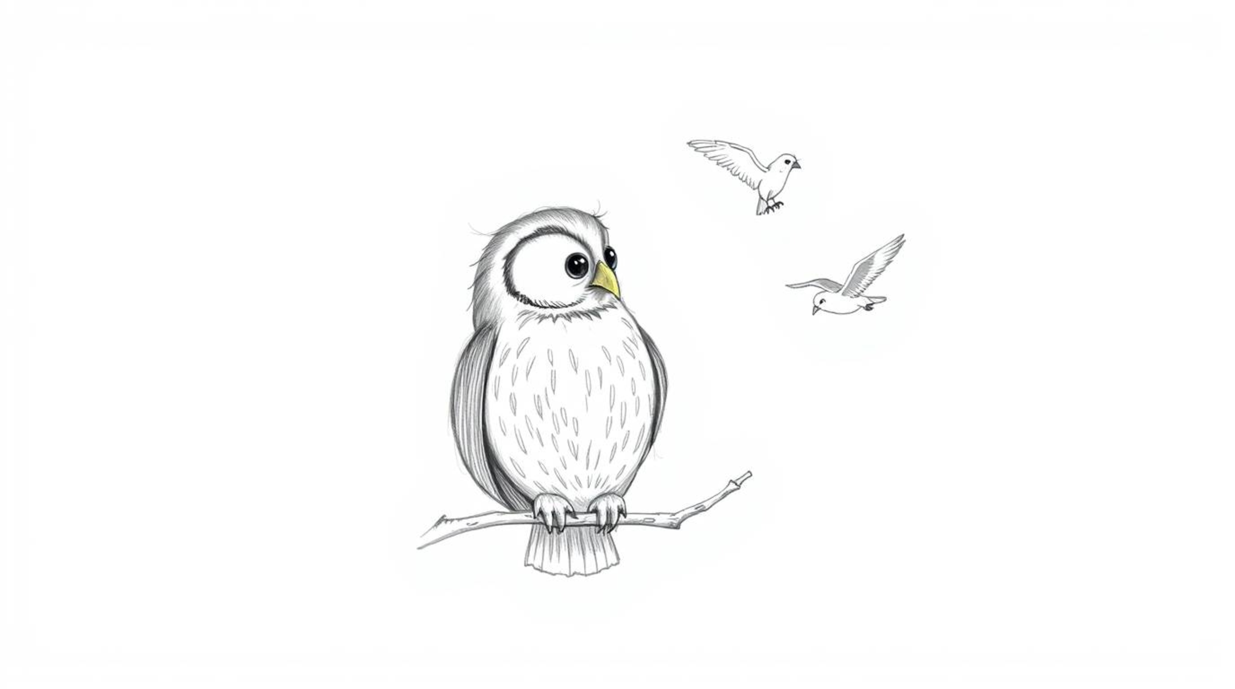 A heartwarming Pixar-style hand-drawn sketch depicts a blind owl with soft, textured pencil strokes, guiding birds in flight 
