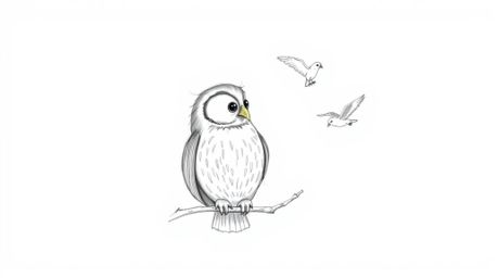 A heartwarming Pixar-style hand-drawn sketch depicts a blind owl with soft, textured pencil strokes, guiding birds in flight 
