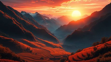 Experience a breathtaking digital painting depicting an epic, modern, and futuristic scene of a sunset over massive, grand mo