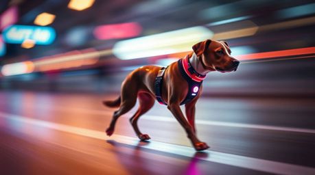 Capture a breathtaking long exposure image featuring a futuristic dog autonomously walking itself in space. The photo showcas