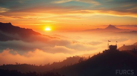 A breathtaking 16:9 cinematic scene depicting a massive, fog-covered landscape at sunset.  Heroic elements are present amidst