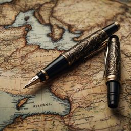 A carefully arranged composition featuring vintage postcards, a classic fountain pen, and a faded map of Europe.  This image 