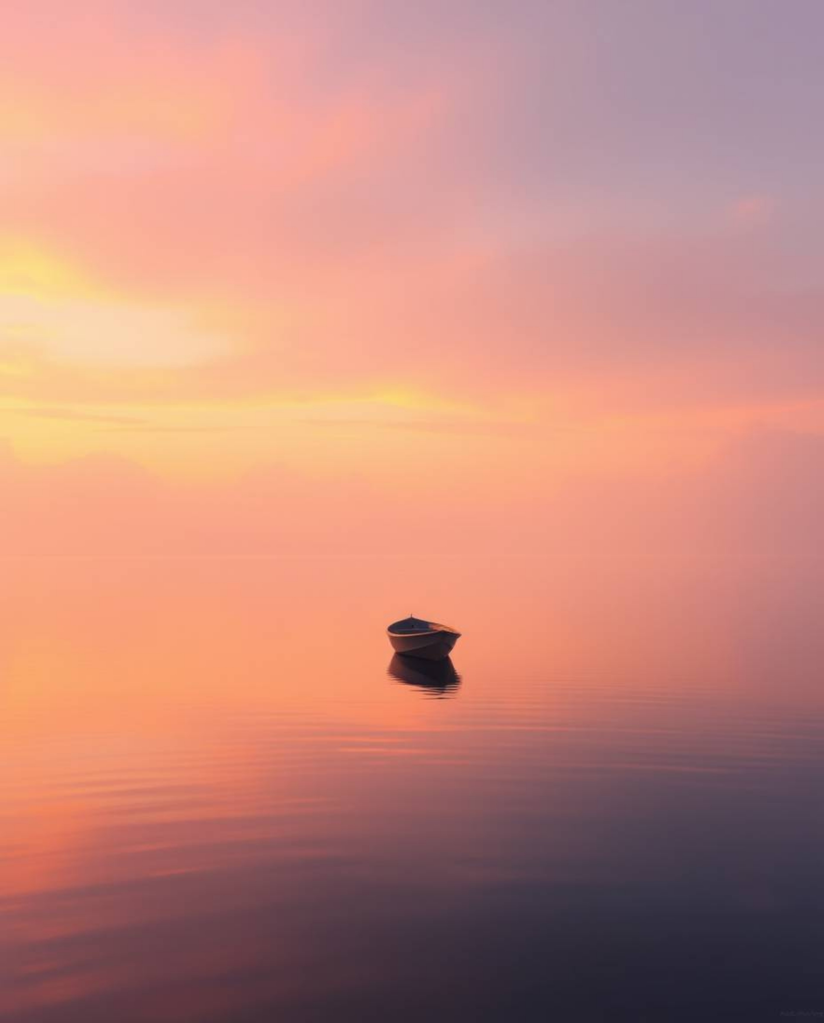 A lone boat drifts serenely on a calm lake at sunset, bathed in soft, pastel hues of orange, pink, and purple. This gentle co