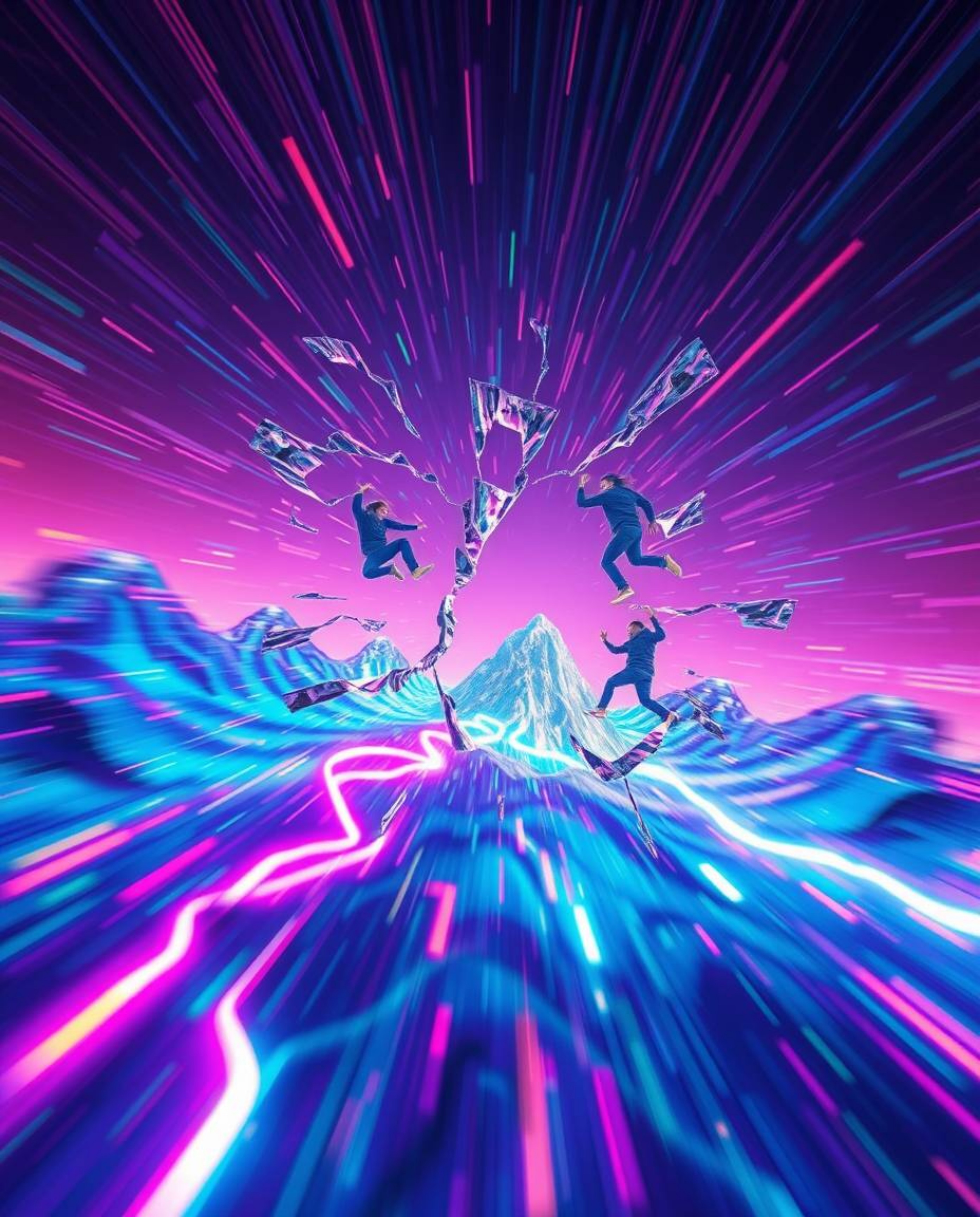 Explore a mesmerizing digital glitch landscape, dynamically breaking apart with glowing bioluminescent colors and natural lig