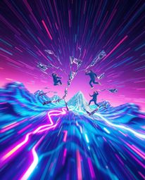 Explore a mesmerizing digital glitch landscape, dynamically breaking apart with glowing bioluminescent colors and natural lig