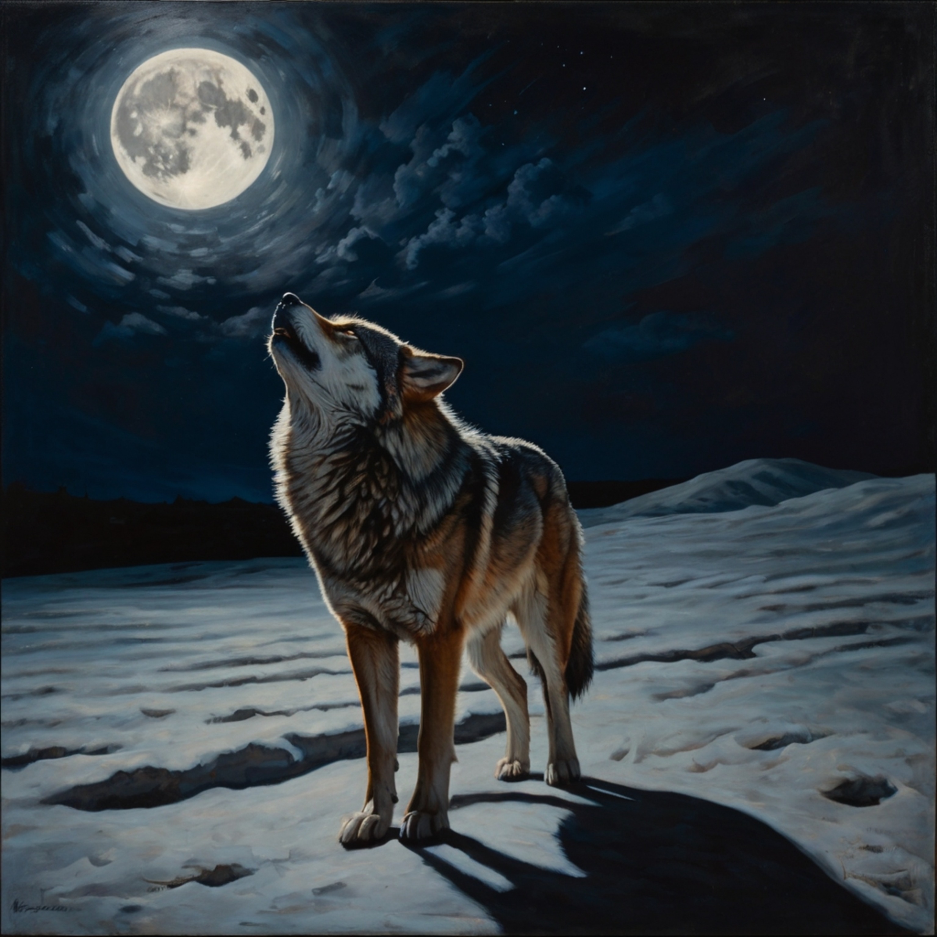 An evocative oil painting depicting a solitary wolf howling at the full moon. The artwork features dramatic deep shadows and 