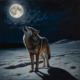 An evocative oil painting depicting a solitary wolf howling at the full moon. The artwork features dramatic deep shadows and 