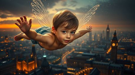 A young boy with cherubic features soars above London, propelled by glittering pixie dust. This vibrant scene showcases a det