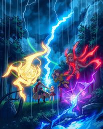 Immerse yourself in a dramatic isekai anime scene featuring a group of friends with unique powers navigating a stormy forest.
