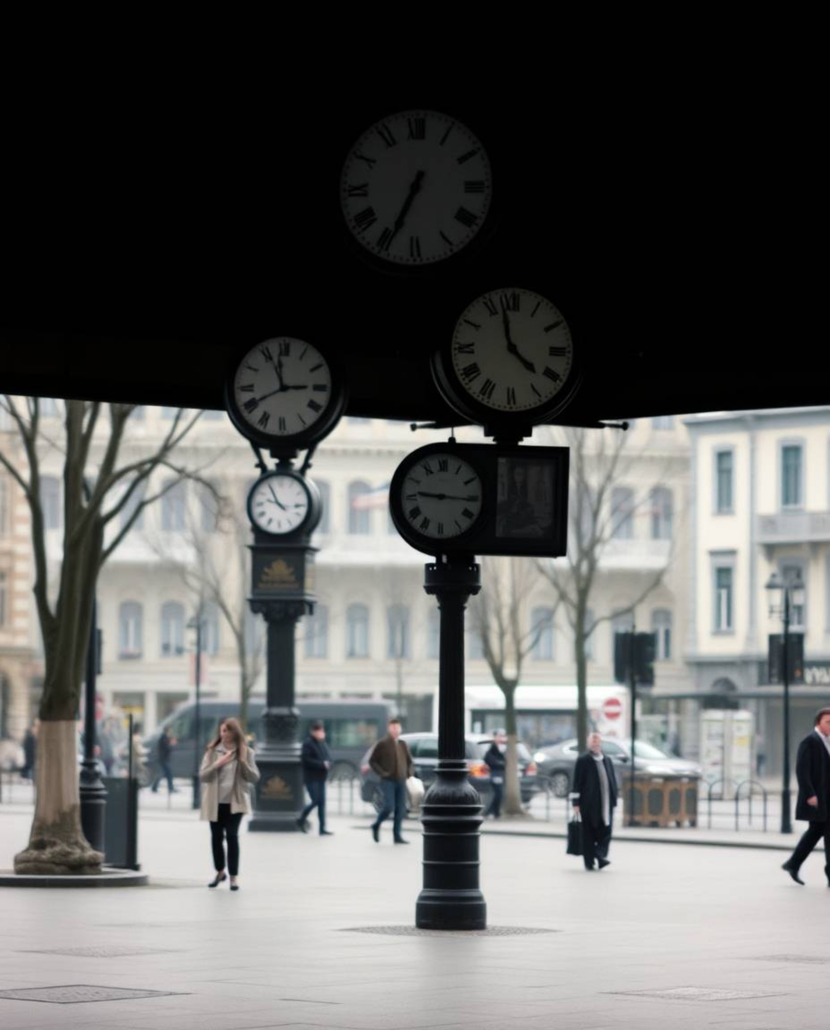 This series of candid street photographs captures the eerie beauty of an empty town square, dominated by the sound of ticking