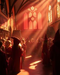 Step into a magical school where young wizards are immersed in a warm and inviting atmosphere. Bathed in gentle, soft light w