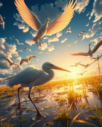 An extreme macro close-up captures herons in flight over wetlands during the golden hour, all rendered in a vibrant Isekai an