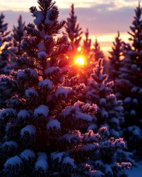 A captivating scene unfolds as sunset light sparkles on snowy pine trees, creating stunning iridescent reflections. The light