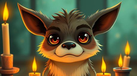 Discover a captivating illustration of a sarcastic animal sidekick, their expressive eyes gleaming in the warm glow of candle