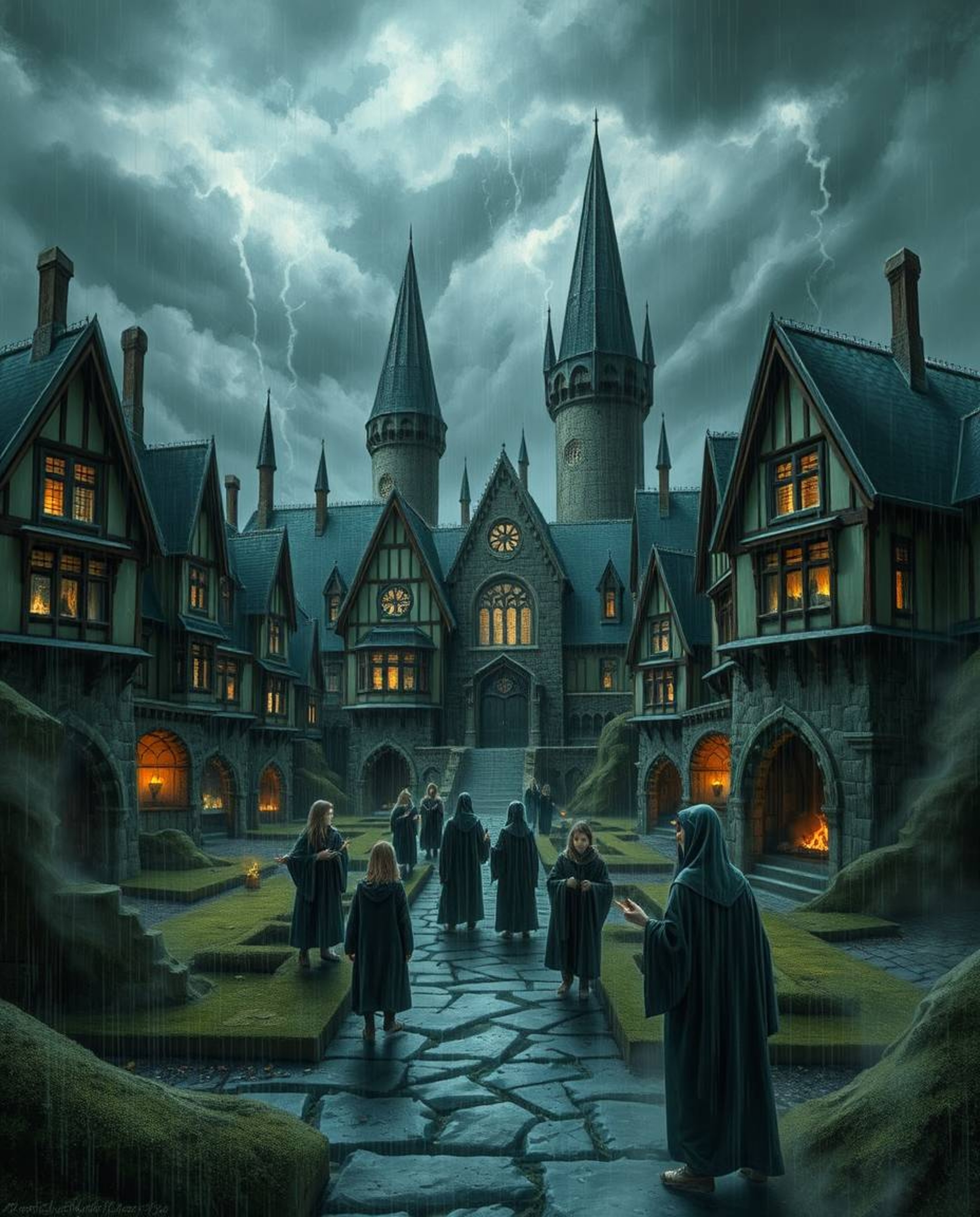 Explore a magical school teeming with young wizards, portrayed in a captivating and moody style. Experience the intensity of 