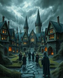 Explore a magical school teeming with young wizards, portrayed in a captivating and moody style. Experience the intensity of 