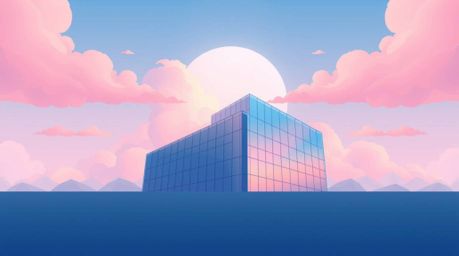 A modern flat design illustration showcasing a contemporary glass building seamlessly dissolving into a sky filled with soft,