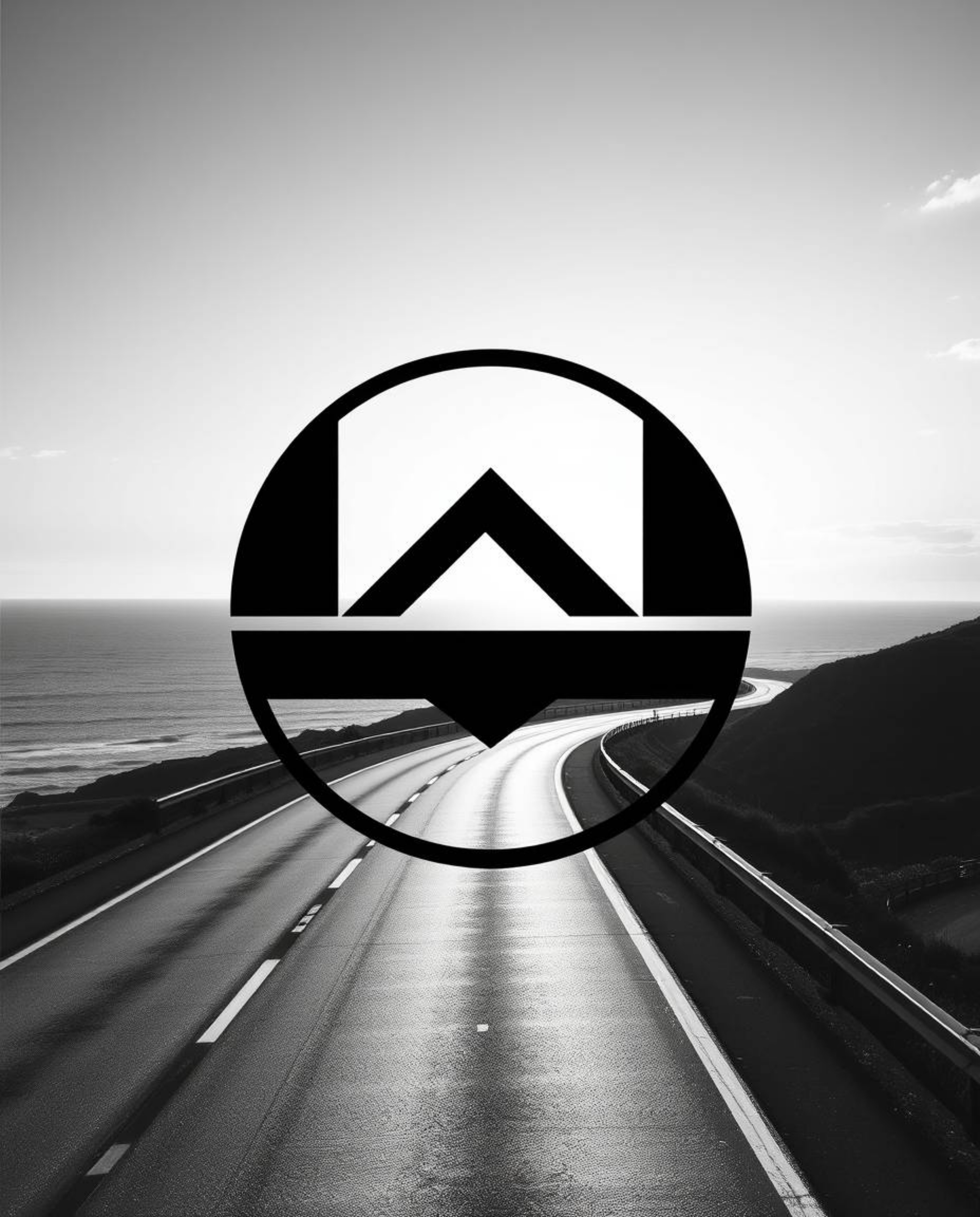 This is a classic black and white logo featuring a winding coastal highway beneath a sunset sky. The design is built on geome