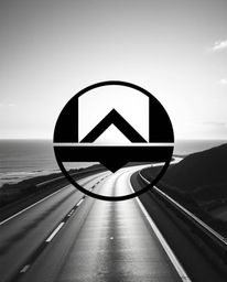 This is a classic black and white logo featuring a winding coastal highway beneath a sunset sky. The design is built on geome