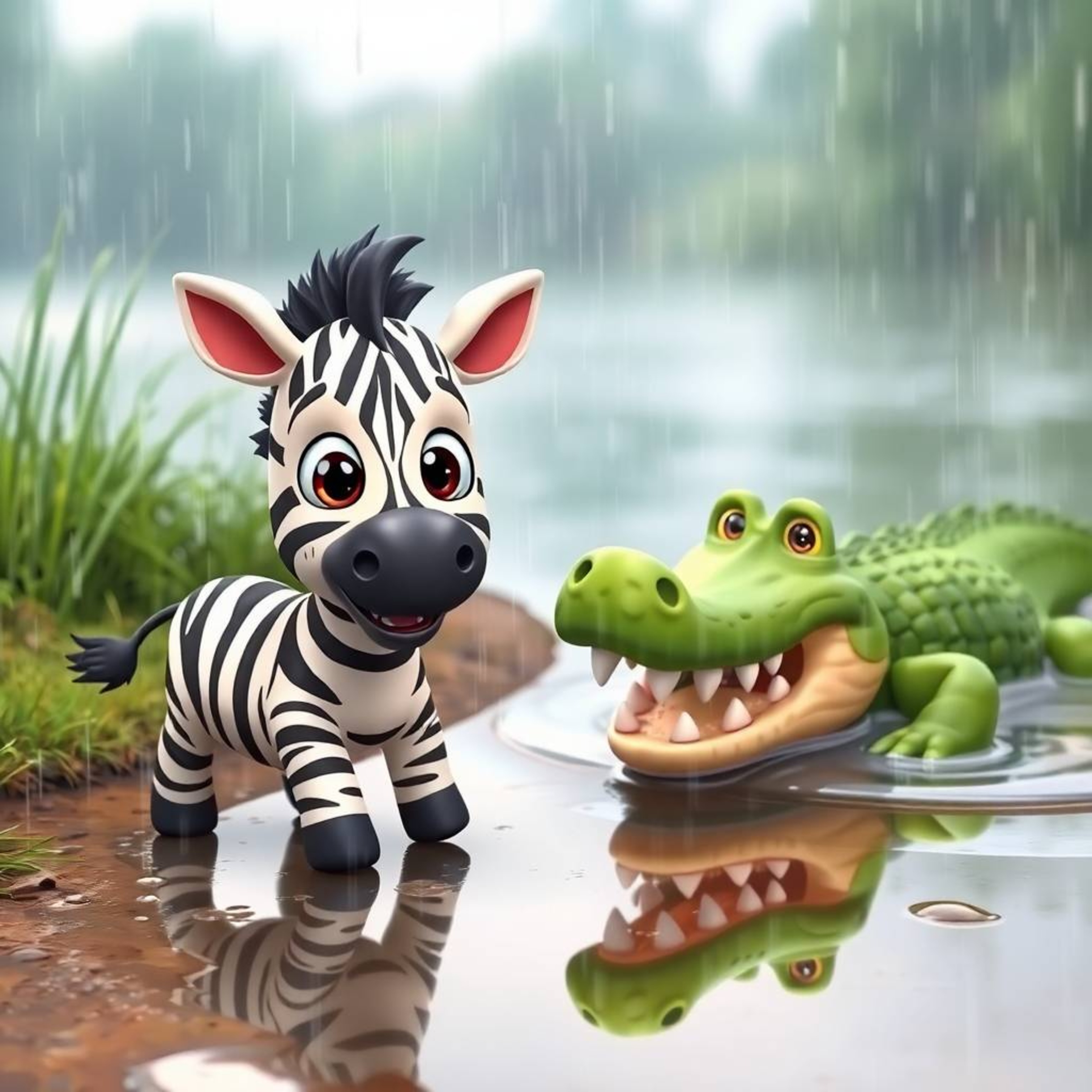 A delightful 3D cartoon scene unfolds with a wet and rainy backdrop, featuring an adorable zebra making a daring escape from