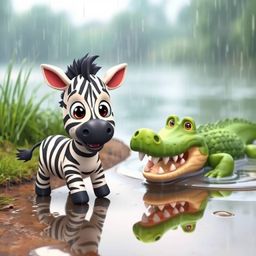 A delightful 3D cartoon scene unfolds with a wet and rainy backdrop, featuring an adorable zebra making a daring escape from 