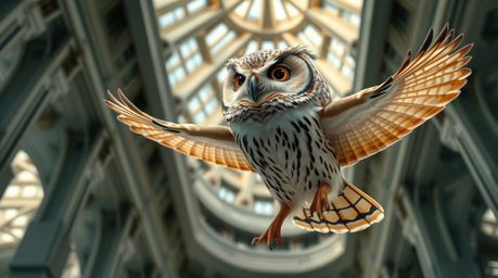 This showcases a blend of architectural photography and Pixar-inspired animation, depicting a blind owl in a visually strikin