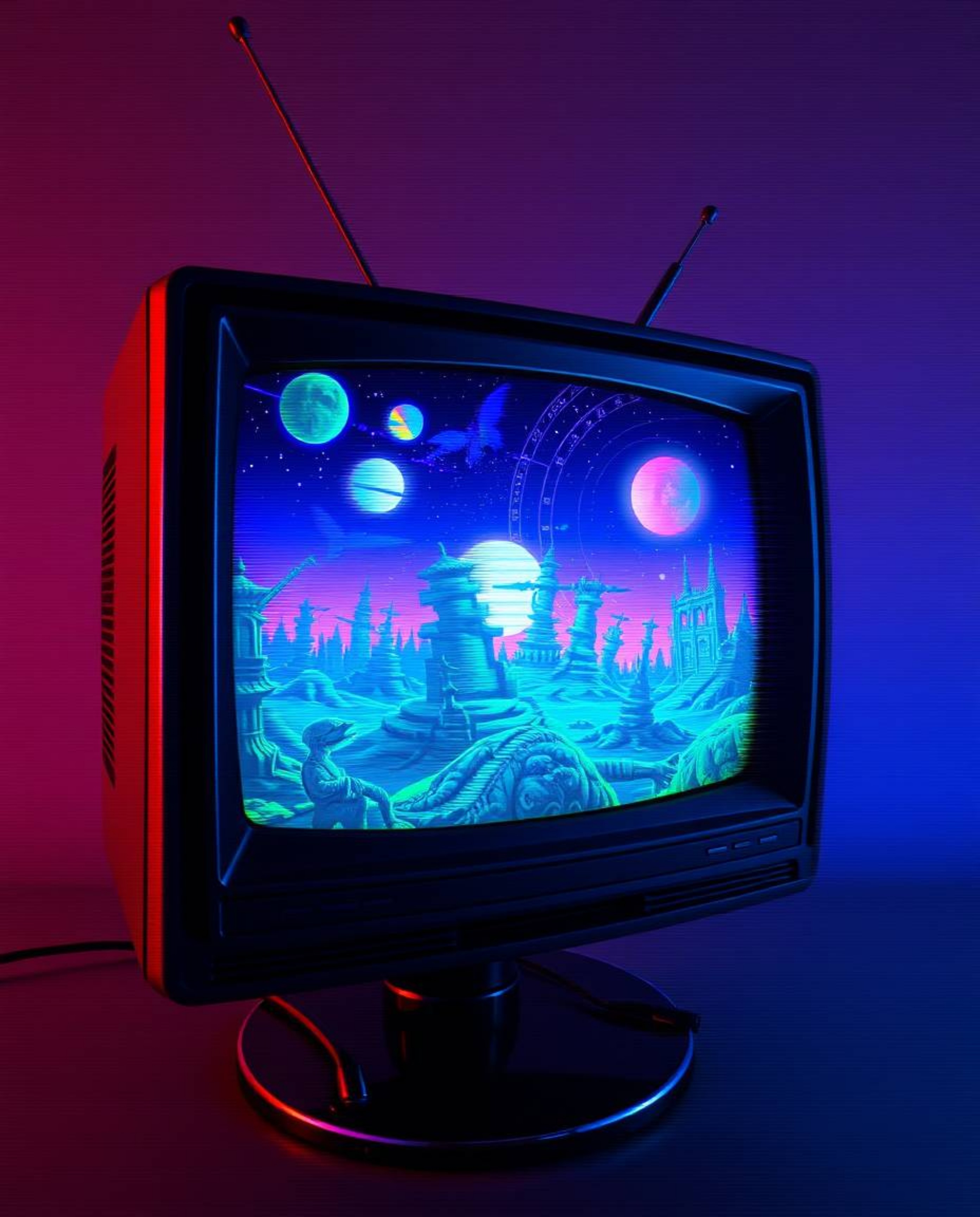 Explore dreamlike surreal imagery featuring a TV screen with an RGB separation glitch and static, rendered in a captivating r