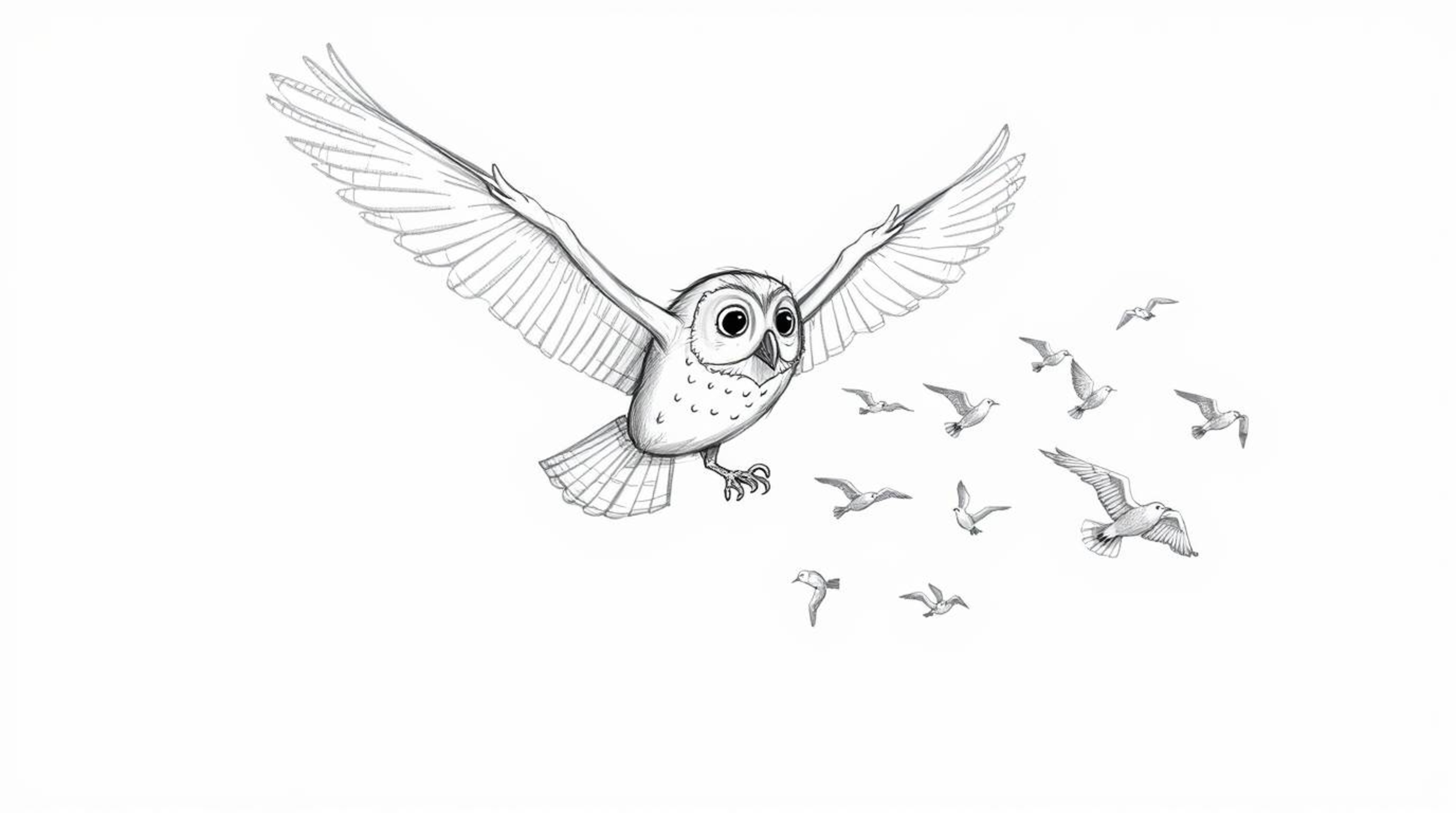 A heartwarming hand-drawn sketch in the style of Pixar shows a blind owl mid-flight, gracefully teaching a flock of birds. Th